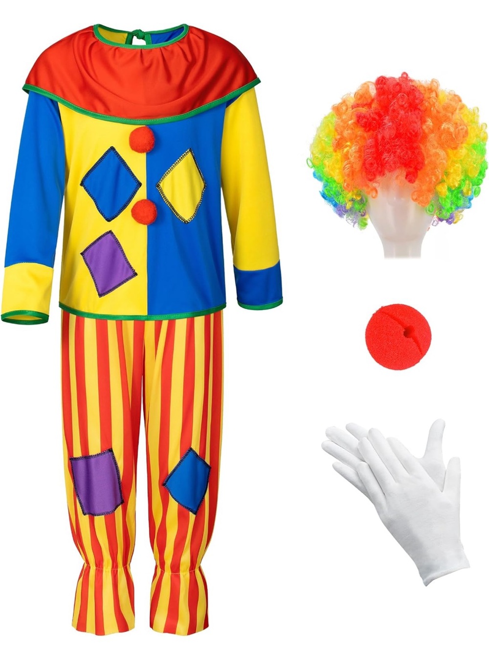 Kids Multicolor Clown Costume with Wig and Accessories